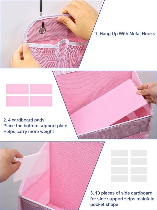 2 Pack Over The Door Organizer, Hanging Storage Organization with Large Capacity Pockets, Swing-Proof Behind Door Storage Shelf for Kicthen Bedroom Nursery Kids Toys Shoes,Pink