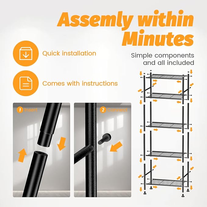 Abiglifty Storage Shelves, 5 Tier Metal Shelf Organizer, Garage Shelving with Adjustable Leveling Feet, Shelves Organizer for Bathroom, Closet, Garage, 18" x 12" x 57", Black