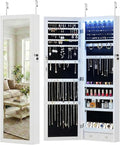 DUMOS 6 LEDs Mirror Jewelry Cabinet, Wall or Door Mounted Jewelry Organizer, 47.2-Inch Tall Lockable Large Capacity Cosmetic Storage, Gift Idea, White