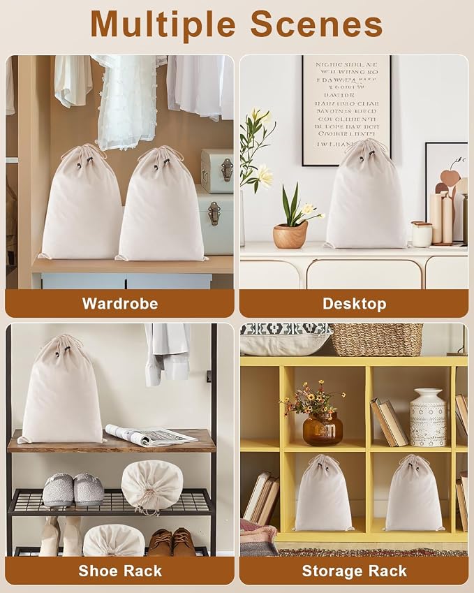 4 Pcs Shoe Bags for Travel, Dust Velvet Bags, Beige, 17.3x12.6 Inch | Washable & Reusable Travel Shoe Bags, Dustproof Shoe Bags with Drawstring Closure, Suitable for Travel, Home Storage