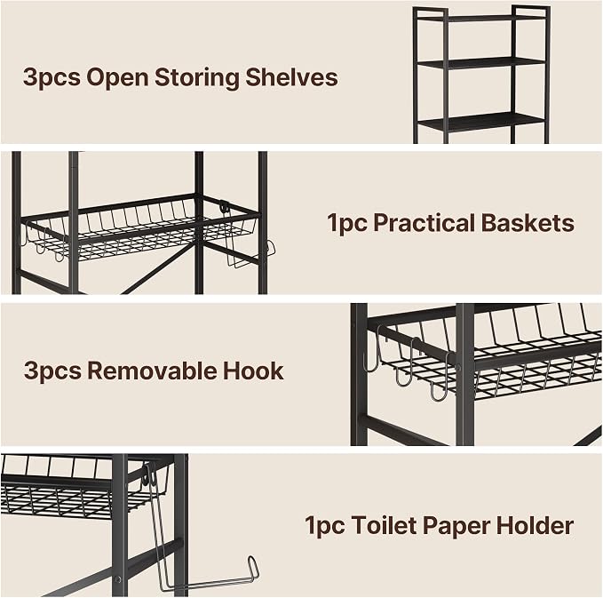 Gizoon Over-The-Toilet Storage Rack with Adjustable Shelf and Basket, 4-Tier Freestanding Space Saver Bathroom Shelves Above Toilet for Room