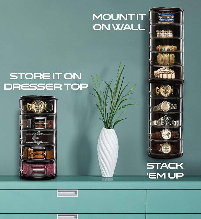 ELYPRO Acrylic Belt Organizer & Holder for Closet, Storage & Container | Rotating Drawers, Wall Mounted, Stackable, Watch Case, Jewelry Display, Makeup, Mens, Womens, Rack, Box