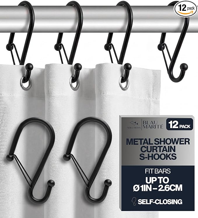 Set of 12 Black Metal S Hook Shower Hooks 1” – Closed, Heavy Duty, Long Decorative Shower Curtain Hooks, Easy Glide, Buckle, Large Rust Resistant Rings for Bathroom Rods (Black, S)