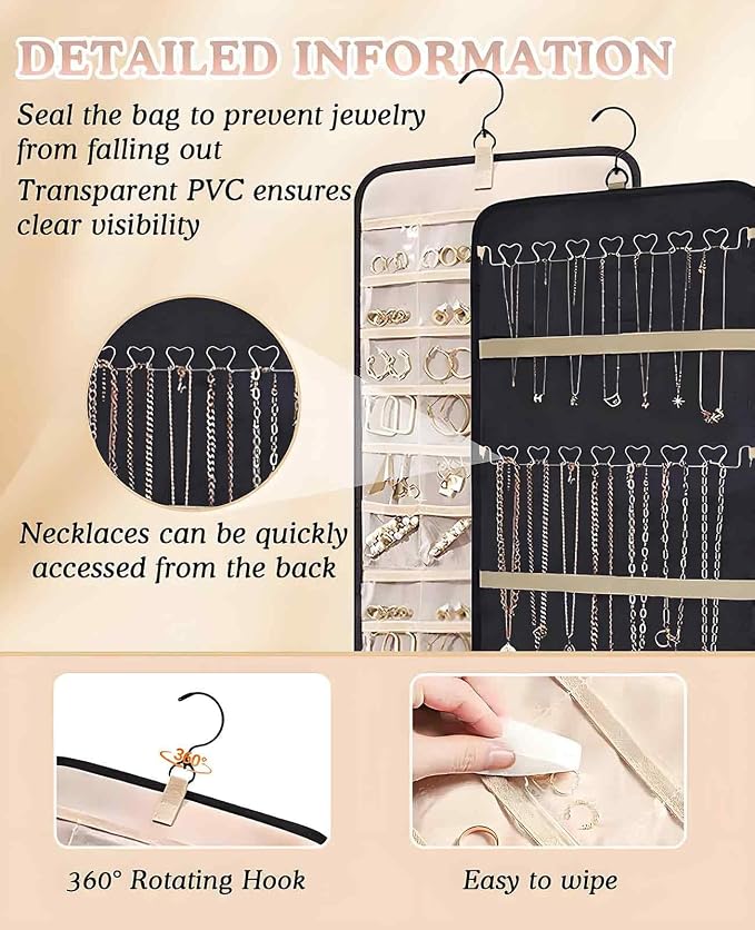 2 Pack Hanging Jewelry Organizer for Closet, Double Sided 36 Necklace Hooks 48 Pockets Holder