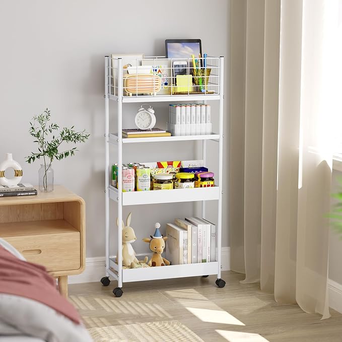 KINGRACK Slim Rolling Storage Cart 4 Tier - Heavy Duty Metal Utility Cart with Raised Edge & Wheels, Narrow Mobile Organizer Shelves for Bathroom, Kitchen, Laundry, Office, Living Room, White