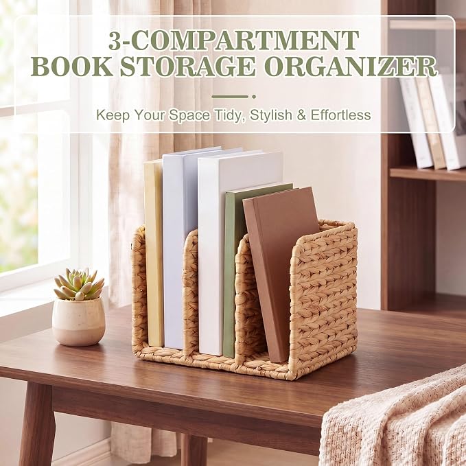 Novabright Water Hyacinth Magazine Holder, Wicker Rattan File Organizer, 3 Vertical Compartments Desktop Paper Sorter for Binders, Notebooks, Envelopes, Woven Boho Office Desk Organizer