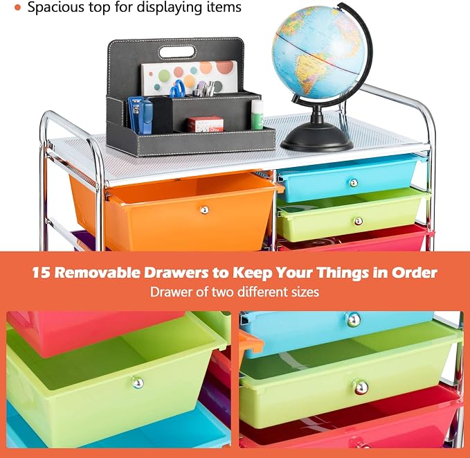 Moccha 15-Drawer Rolling Storage Cart - Under Desk Storage Drawers with wheels for Craft Art Supply Paper Salon, Scrapbook Paper Tools, Mobile Utility Cart for Classroom (15 Drawers, Multicolor)