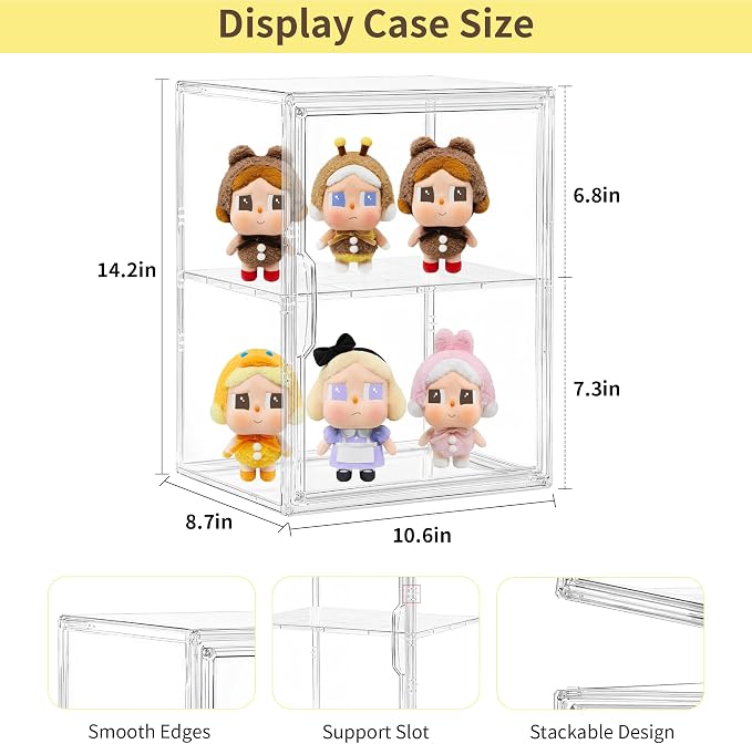 LXLXXL 2 Tier Stackable Shelf Acrylic Display Case with Magnetic Lid 4-Pack | Clear Acrylic Box with Magnetic Door and Removable Shelf, for Makeup, Figures, Purse Storage, Dustproof Display Organizer