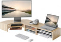 Fenge Dual Monitor Stand, 2-Tier Corner Monitor Riser with Drawer and Slide-out Tray, Triangle Desktop Shelf Organizer for Laptop Computer Printer Home Office Desk, Oak