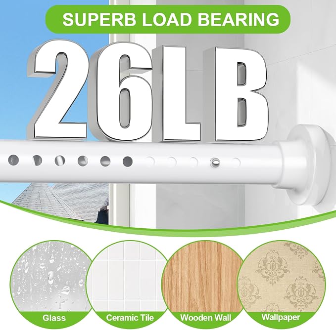 Long Tension Curtain Rod 40-113inch White Curtain Rods no Drilling Adjustable Tension Rod for Windows,bathroom,Patio,Doorway,Heavy Duty Spring Rods Diameter 1.26inch