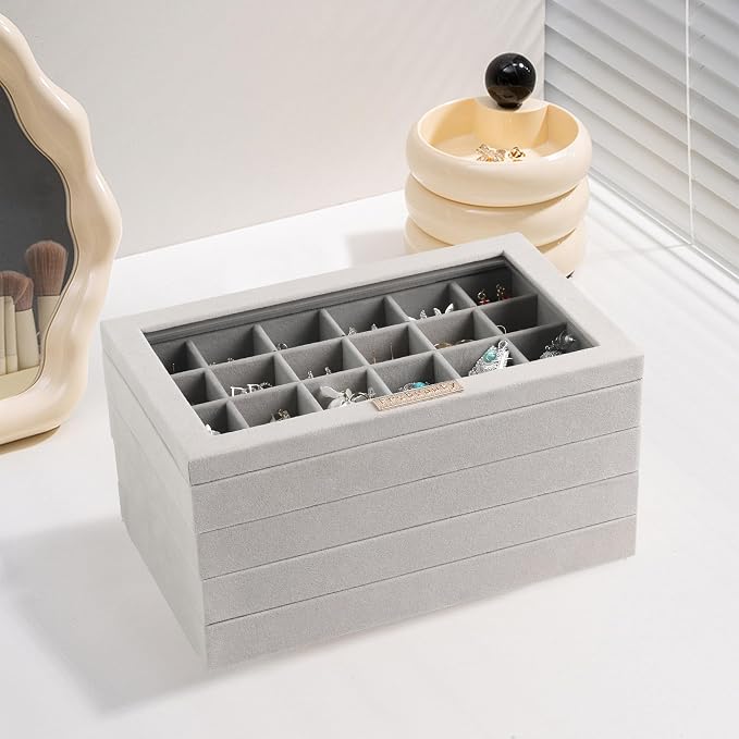 Frebeauty Stackable Jewelry Trays,Set of 4 Jewelry Organizer for Drawer | Glass Lid,Removable Dividers,Real Stackable Design,Velvet Material,Drawer Inserts,Jewelry Box for Earring Rings and Necklace