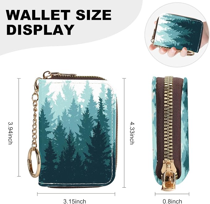 Credit Card Holder for Women,Small Rfid Wallet with Keychain Zipper,Cute PU Leather Card Case Wallet，Accordion Credit Card Wallets Gift,Forest Silhouette