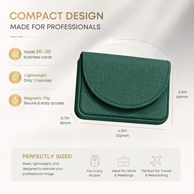 Business Card Holder，PU Leather Business Card Case Wallet Green | Pocket Travel Name Card Case for Men and Women Gift，Portable Magnetic Business Card Carrier for Purse