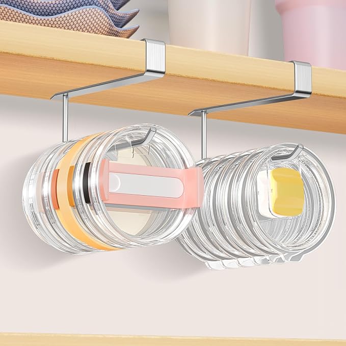 2 Pack Tumbler Lid Organizer, Under Cabinet Cup Lid Holder for Yeti Insulated Mug/Stanley Insulated Mug/Simple Modern Insulated Mug Lid, No Gluing, No Drilling, Up to 10 Lids (Stainless Steel)