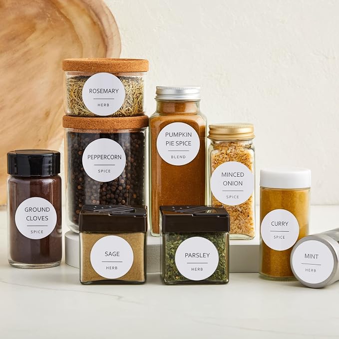 Talented Kitchen Round Spice Jar Labels - Water-Resistant Removable Vinyl Lid Stickers - Spice Rack & Seasoning Bottle Labels - Pantry Organization - Pack of 144, 1.5"