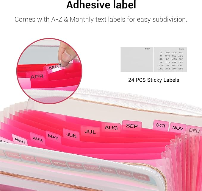 Mukawa 13 Pocket Zippered Expanding File Folder, Accordion File Organizer for Documents Letter Size A4 Papers (Pink)
