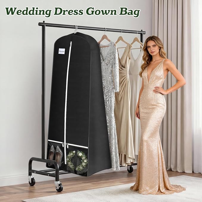 SLEEPING LAMB 72'' Bridal Wedding Gown Dress Garment Bag 15'' Gusseted Garment Cover Shoe Pockets Travel Garment Storage Bag for Prom, Evening Gowns, Black