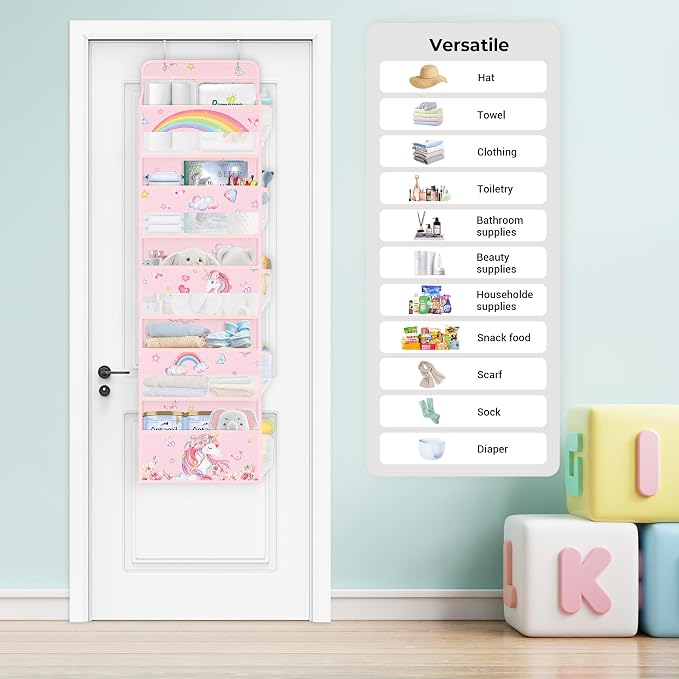 Clastyle Over the Door Organizer Diaper Toy Nursery Hanging Shelf, Unicorn | Pink Rainbow, 5-Tier Clear Window Mesh Pocket 44 lbs Weight Capacity, Behind Door Storage, Bedroom Bathroom Closet Pantry