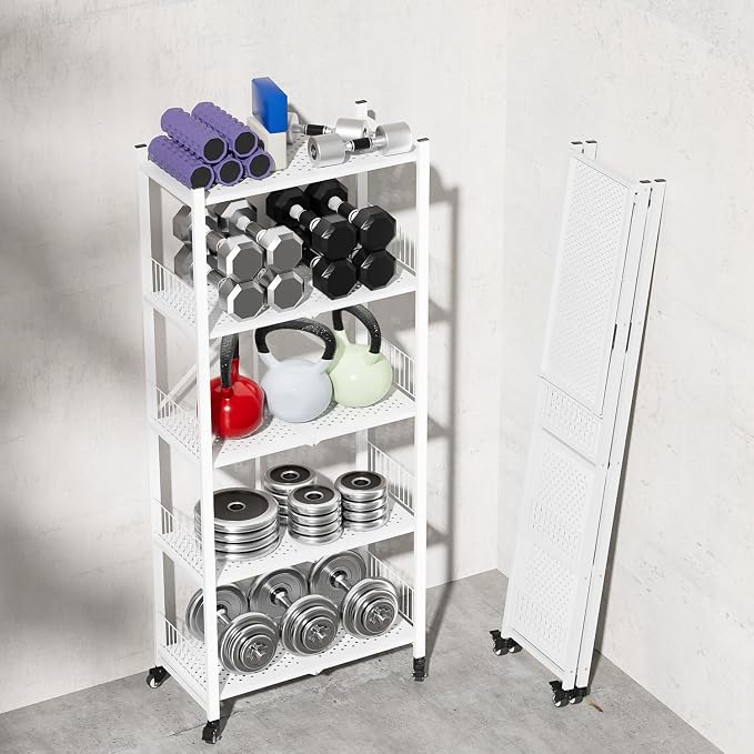Folding Shelves No Assembly, 5 Tier Foldable Storage Shelves with Wheels, 220LBS Per Shelf Metal Collapsible Rack for Pantry Storage & Home Organization, White