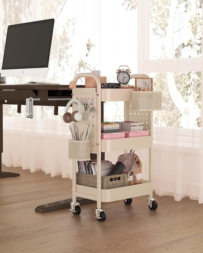 ALVOROG 3 Tier Metal Rolling Utility Cart with Pegboards,Baskets,Hook,Khaki | More Storage Craft Cart with Pegboards,Lockable Wheels,Hooks & Baskets to Organize Kitchen,Office,Bedroom and DIY Supplies