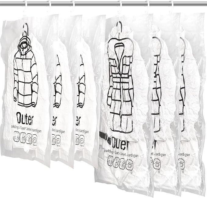 6PCS Hanging Vacuum Storage Bags Reusable Space Saver Clothes Vacuum Sealer Bags 26x35"＆26x39" Moisture-Proof Cloth Storage for Dress, Winter Coats