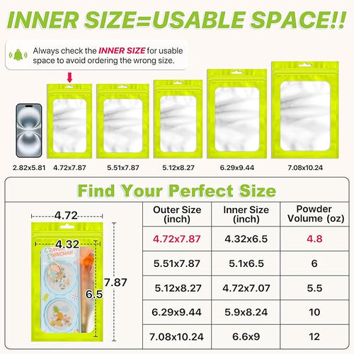 100 PCS Resealable Mylar Bags with Frosted Clear Window Packaging Bags Foil Pouch Zipper Bag for Food Self Sealing Storage Supplies (4.72x7.87, Green)
