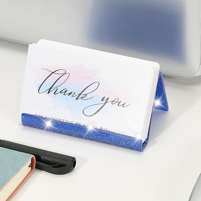 PATIKIL Business Card Holder for Desk, Acrylic Business Card Holders Shine Card Stand Organizer Cards Display for Office Exhibition, Blue