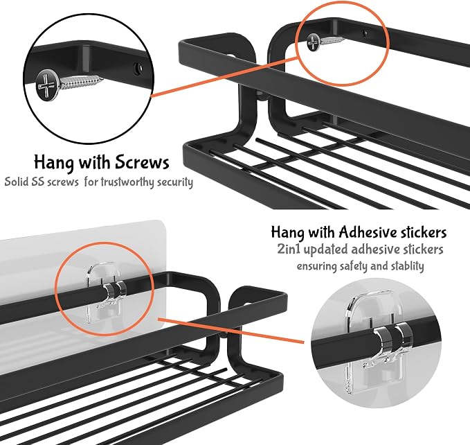 Spice Rack Wall Mount, Black, 3 Pack | Paper Towel Holder and Hooks, Screw or Adhesive Hanging, Space Saving, For Seasonings, Stove, RV, Cabinet