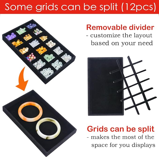 12 Pcs Velvet Jewelry Tray Stackable Jewellery Organier Trays Earrings Necklace Rings Storage Box Jewelry Drawer Display Case for Bracelet Earring Watch Accessories with Removable Dividers, Black