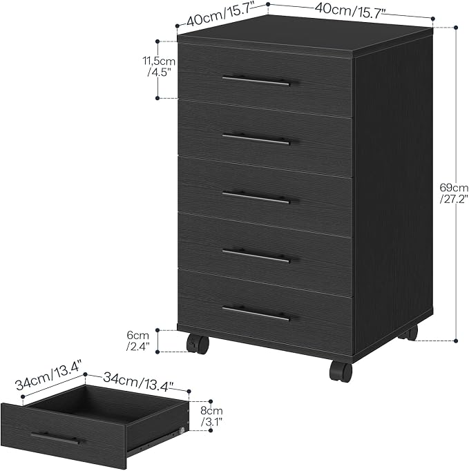 HOOBRO 5-Drawer File Cabinet, Office Cabinet with Drawers, Wooden Storage Cabinet with Wheels for Makeup, Home Office, Study, Easy Assembly, Black BK05WJ01