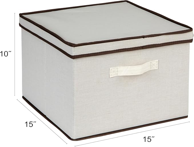 Household Essentials Square Storage Box with Lid in Breathable Canvas Sides with Sturdy Base and Convenient Handle, Natural with Brown Trim