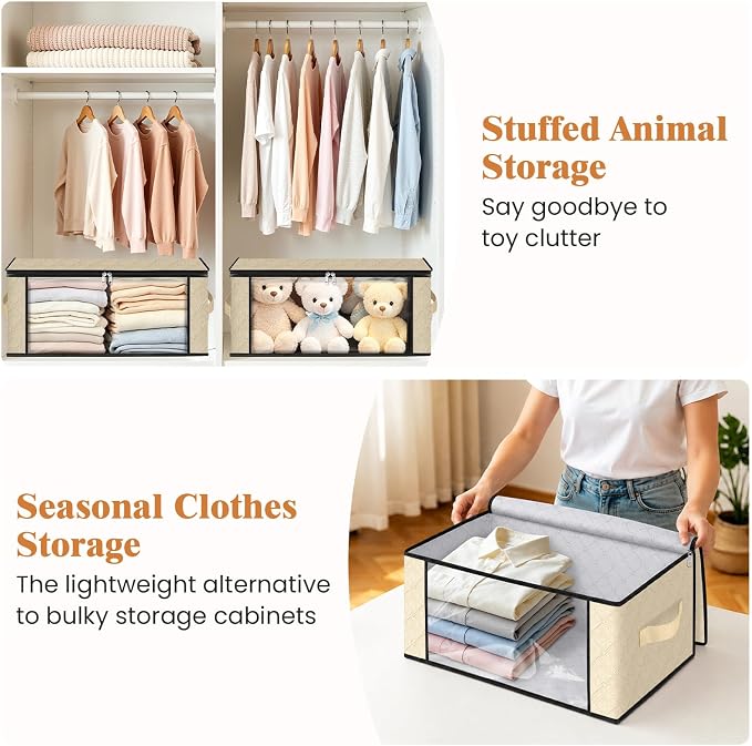 Fab totes 35L Closet Organizers and Storage, Foldable Under Bed Storage Containers, Storage bags for Organizing Bedroom, Closet, Clothing,Organization with Handle (3 Pack,Beige)