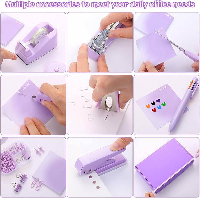 Purple Desk Accessory Kit Cute Office Supplies Set Desktop Stapler Set Includes Staple Remover Hole Punch Tape Dispenser Ballpoint Pen Scissor Mini Box Cutter Tape Measure Paper Clips Sticky Notes