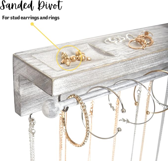 Rustic White Necklace Jewelry Organizer - Wall Mount Jewelry Holder - Mounted Hanging Jewelry Storage Hooks for Necklace, Earrings, and Rings - Farmhouse Wood Decor Bedroom Boho Shelf Rack