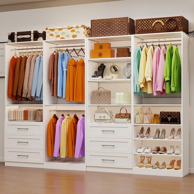 Closet System with 4 Sets, 8-21FT Closet Organizer Systems with 6 Drawers & 8 Hanging Rods & Adjustable Shelves, Walk in Closet Freestanding Closet System Modular Closet System Set White