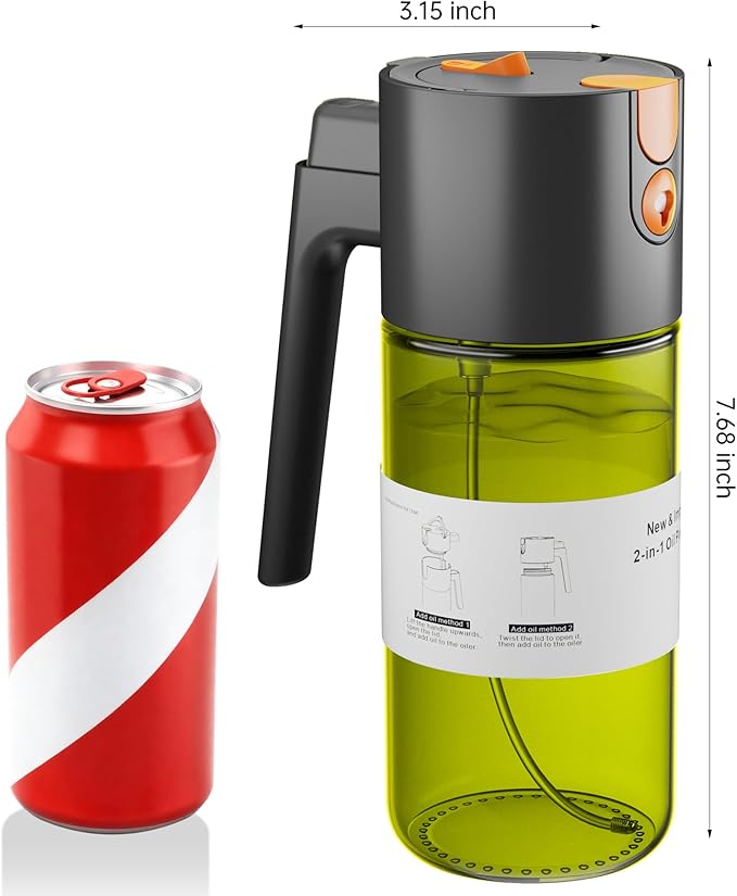 Olive Oil Sprayer & Dispenser for Cooking, 17oz Dark Glass Oil Mister, 2PC | 2-in-1 Sprayer & Pourer, Leakproof, Fine mist, Light-Blocking, Wide Mouth for Easy Refill & Clean, 8 Oil Labels, Reusable