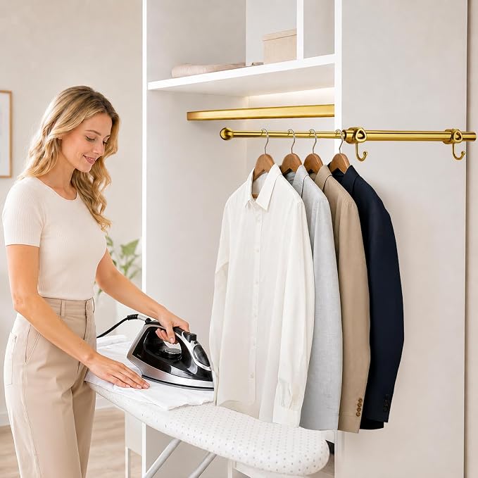 14" Valet Rod for Closets Pull Out, Closet Valet Rod Slide Out with 2 Hooks, Brushed Gold