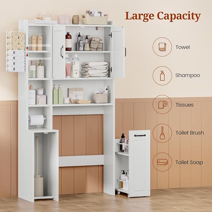 UPOSOJA Over The Toilet Storage Cabinet with Pulley Bathroom Storage Cabinet, White-Type B