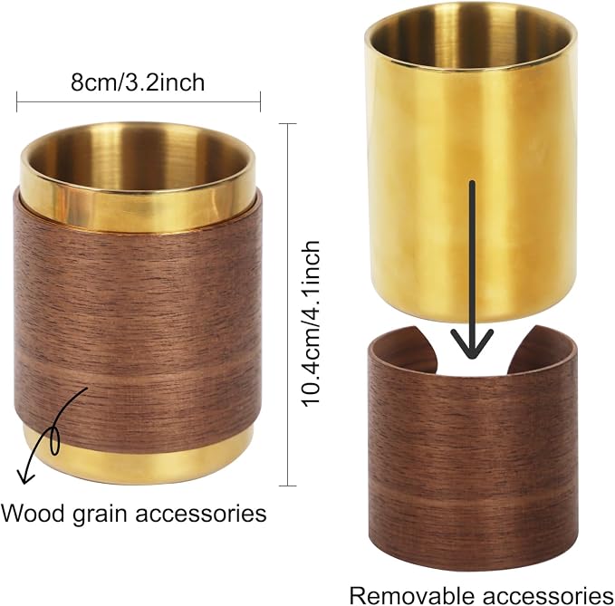 MultiBey Gold Pencil Holder Cup, Luxury Walnut Pen Holder Metal Organizer Small Vase, Offices Stationery Makeup Brushes Holder Decoration Desk Accessory for Office Home | Offices Stationery Makeup Brushes Pen Cup Decoration Desk Accessory for Office Home
