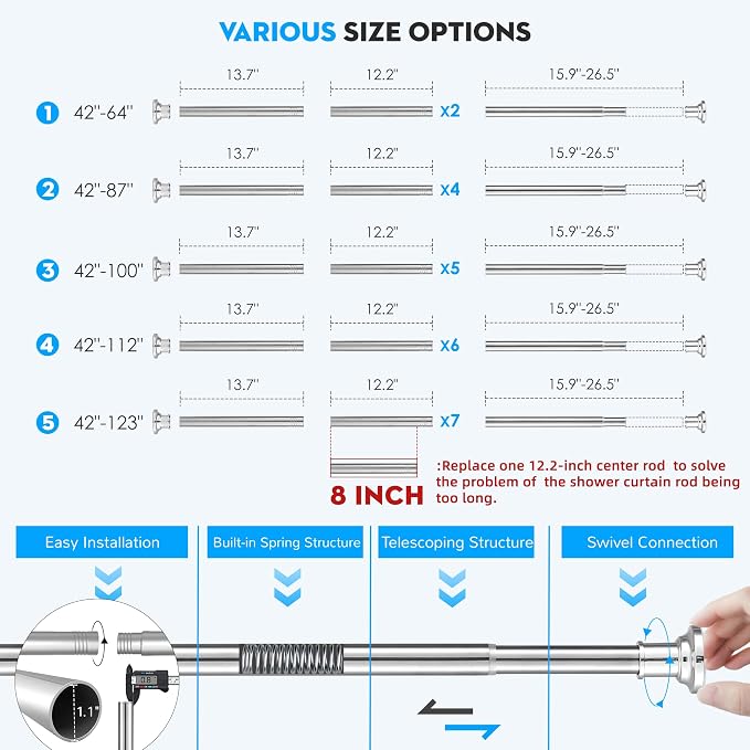 Outdoor Tension Rods No Drilling Patio Shower Curtain Rod 40-130 Inch | Extra Long Tension Curtain Rod,10FT,Heavy Duty,1.1 Inch Thick Diameter,Spring Adjustable,No Rust,Bathroom,Windows,Silver