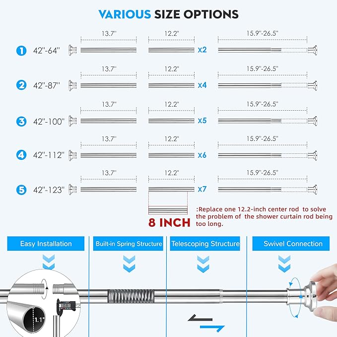 Shower Curtain Rod 30-64 Inch Tension Curtain Rod Shower Rod for Bathroom | No Drill Curtain Rods,Heavy Duty,1.1 Inch Thick Diameter,Spring Adjustable,No Rust,Bathroom,Windows,Silver