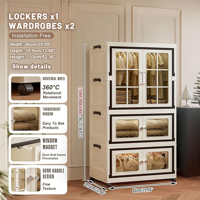SunSettler 4 Tier Stackable Plastic Storage Bins with Lids and Wheels, Collapsible Organizers Bins with Lids, Closet Organizers and Drawers for Home, Dorm