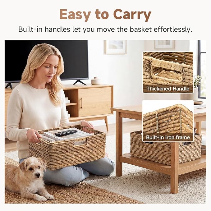 StorageWorks Extra Large Wicker Baskets for Storage, Water Hyacinth Storage Baskets for Shelves, Decorative Basket, Natural, 1-Pack, 16½" x 13" x 7½"