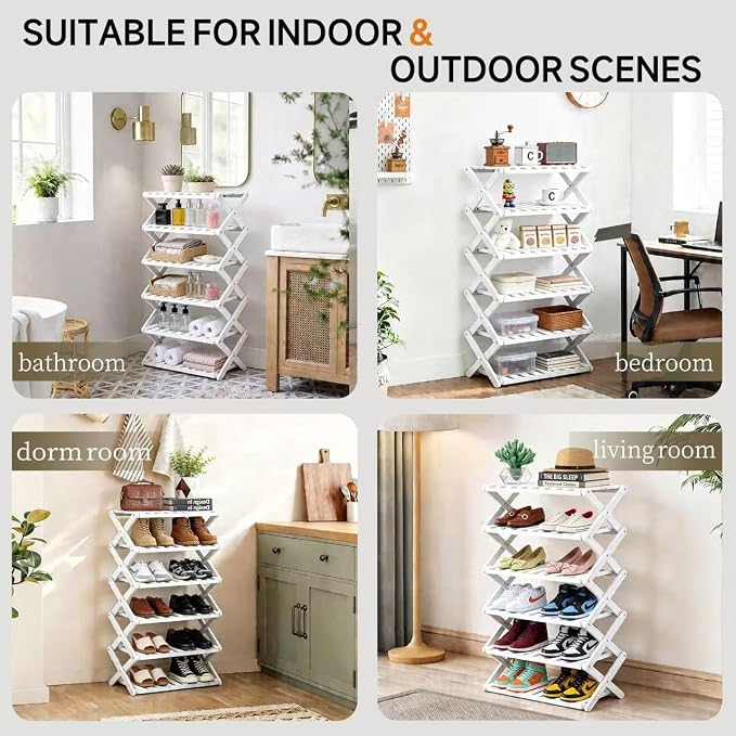 6 Tier Bamboo Shoe Rack White,Portable Folding Shoe Storage Rack,Without Installation Small Shoe Rack Perfect for Corridors, Drom, Bedrooms and Small Spaces