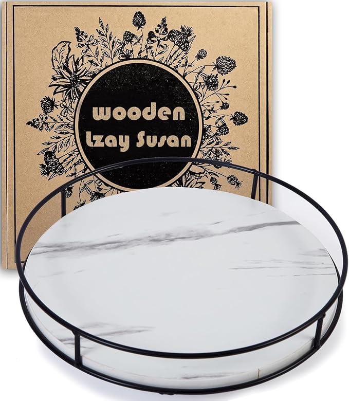 9 Inch White Wood Lazy Susan,360° Decorative Turntable for Countertop