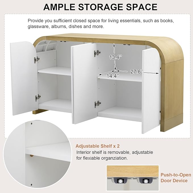 Amposei Modern Curved Sideboard Cabinet 59.8-Inch Entryway Console Table Accent Storage Cabinet with Doors & Adjustable Shelves for Living Room Hallway, White