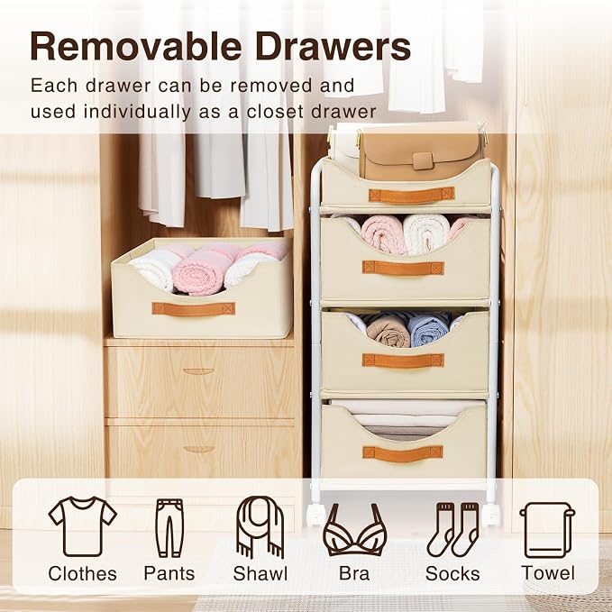 DIMJ Closet Organizers and Storage 4 Tier - Fabric Clothes Drawer Storage Bins, Stackable Rolling Storage Cart with Wheel, Small Dresser for Closet Bedroom Nursery Office
