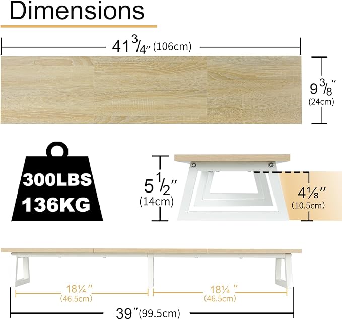 TEAMIX 42 inch Large Dual Monitor Riser, Desk Organizer Stand for TV Laptop | Extra Long Stand for 2 Monitors, Wood & Metal TV Riser, Holds 300lbs, Keyboard & PS5 Storage, For Home Office & Gaming