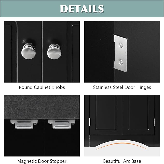Corner Storage Cabinet with Adjustable Shelves, Triangle Bathroom & Kitchen Organizer, Freestanding Floor Cabinet for Toilet Kitchen Bathroom Cleaning Supplies (Black)