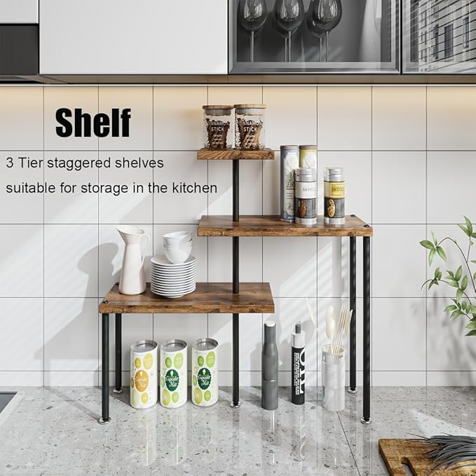 3-Tier Adjustable Countertop Organizer Corner Shelf | Countertop Organizer and Storage Rack for Kitchen, Bathroom, Over Sink, Coffee Bar, Spice Rack, Dresser Table